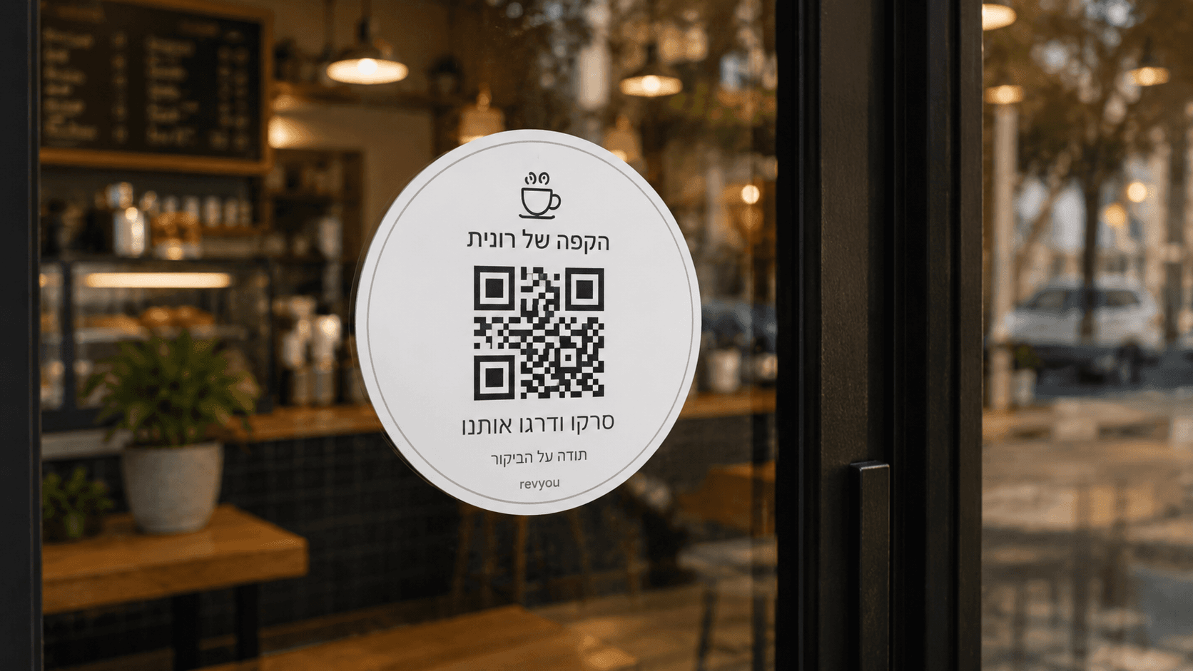 מדבקה עגולה של הקפה של רונית עם קוד QR, מודבקת על דלת הזכוכית של בית הקפה